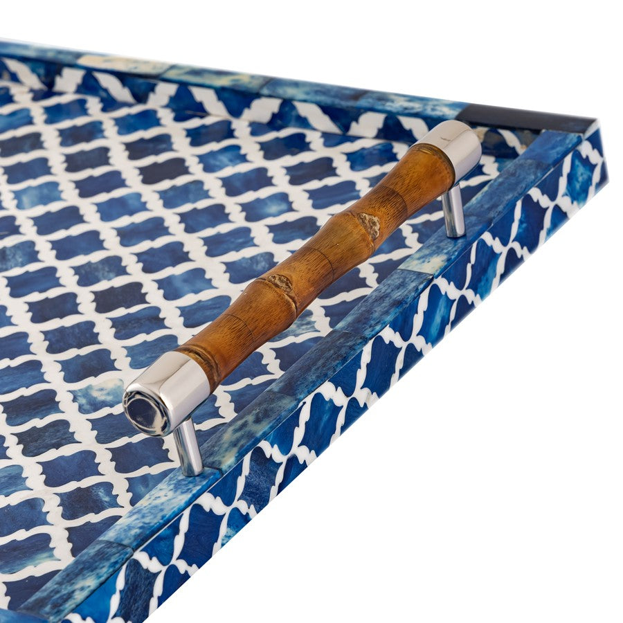 Atlas Lighting Tucker 24in Serving Tray | Blue Ogee Pattern with Bamboo & Polished Nickel Handles | Living Room & Kitchen | Model AC11653-01