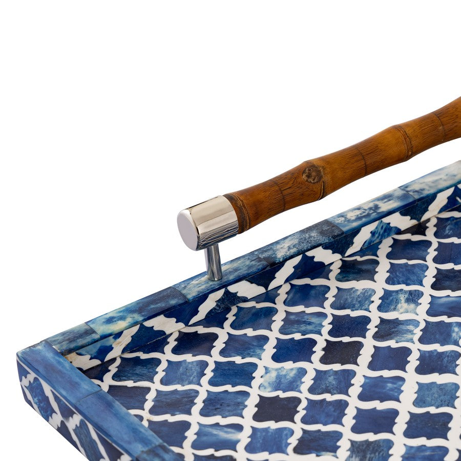Atlas Lighting Tucker 24in Serving Tray | Blue Ogee Pattern with Bamboo & Polished Nickel Handles | Living Room & Kitchen | Model AC11653-01