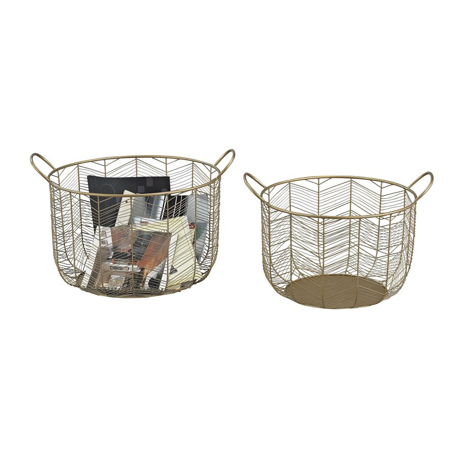 Atlas Lighting Tuckernuck Set of 2 Metal Baskets | Brass Finish with Art Deco Chevron Pattern | Living Room & Entryway Storage | Model AC11655-01S