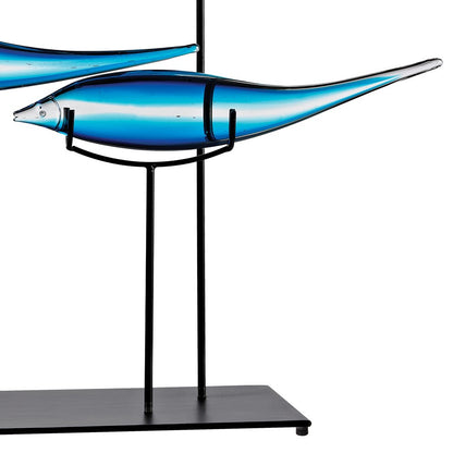 Atlas Lighting Tultui Decorative Tabletop Sculpture | Blue Glass Fish on Black Metal Base | Office, Kitchen & Entryway Decor | Model AC11658-01
