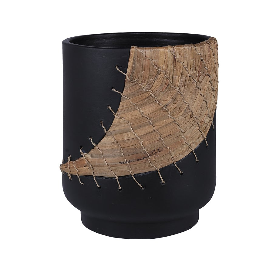 Atlas Lighting Wayde 12in Black Earthenware Vase | Transitional with Natural Rattan Accent | Living Room & Entryway Decor | Model AC11670-01