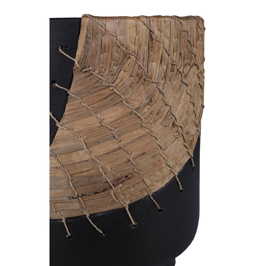 Atlas Lighting Wayde 12in Black Earthenware Vase | Transitional with Natural Rattan Accent | Living Room & Entryway Decor | Model AC11670-01