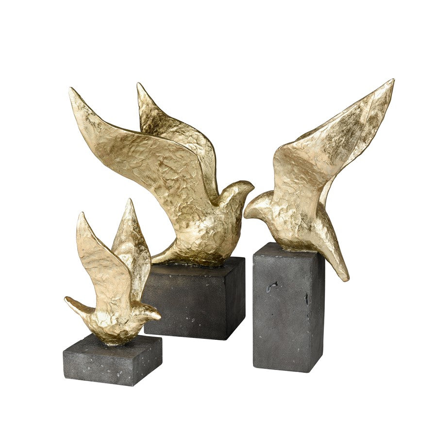 Atlas Lighting Winged Bird 11in Gold Resin Bird Sculpture Set of 3 | Modern & Aged Black Base | Bookshelf & Display Accent | Model AC11687-01S