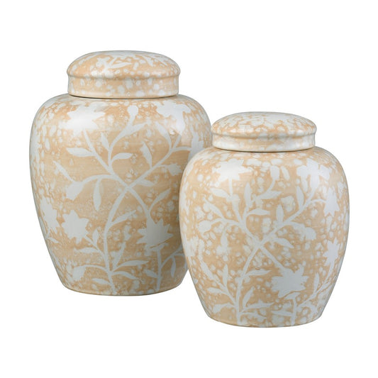 Atlas Lighting Yvonne 6in Round Ceramic Jar Set of 2 | Cream Glazed Earthenware with White Floral | Kitchen Counter & Shelf Decor | Model AC11693-01S