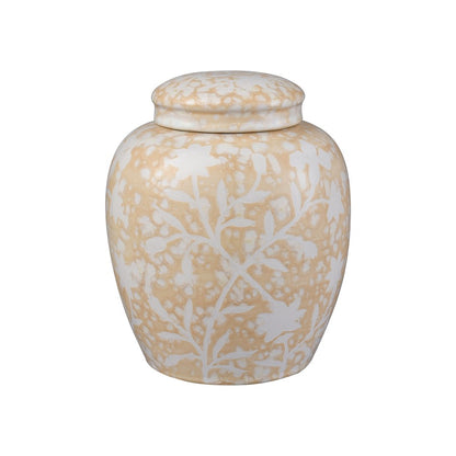 Atlas Lighting Yvonne 6in Round Ceramic Jar Set of 2 | Cream Glazed Earthenware with White Floral | Kitchen Counter & Shelf Decor | Model AC11693-01S