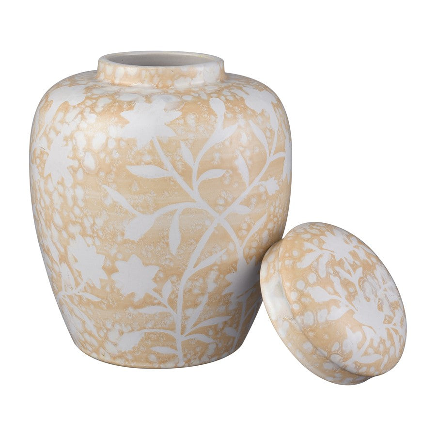 Atlas Lighting Yvonne 6in Round Ceramic Jar Set of 2 | Cream Glazed Earthenware with White Floral | Kitchen Counter & Shelf Decor | Model AC11693-01S