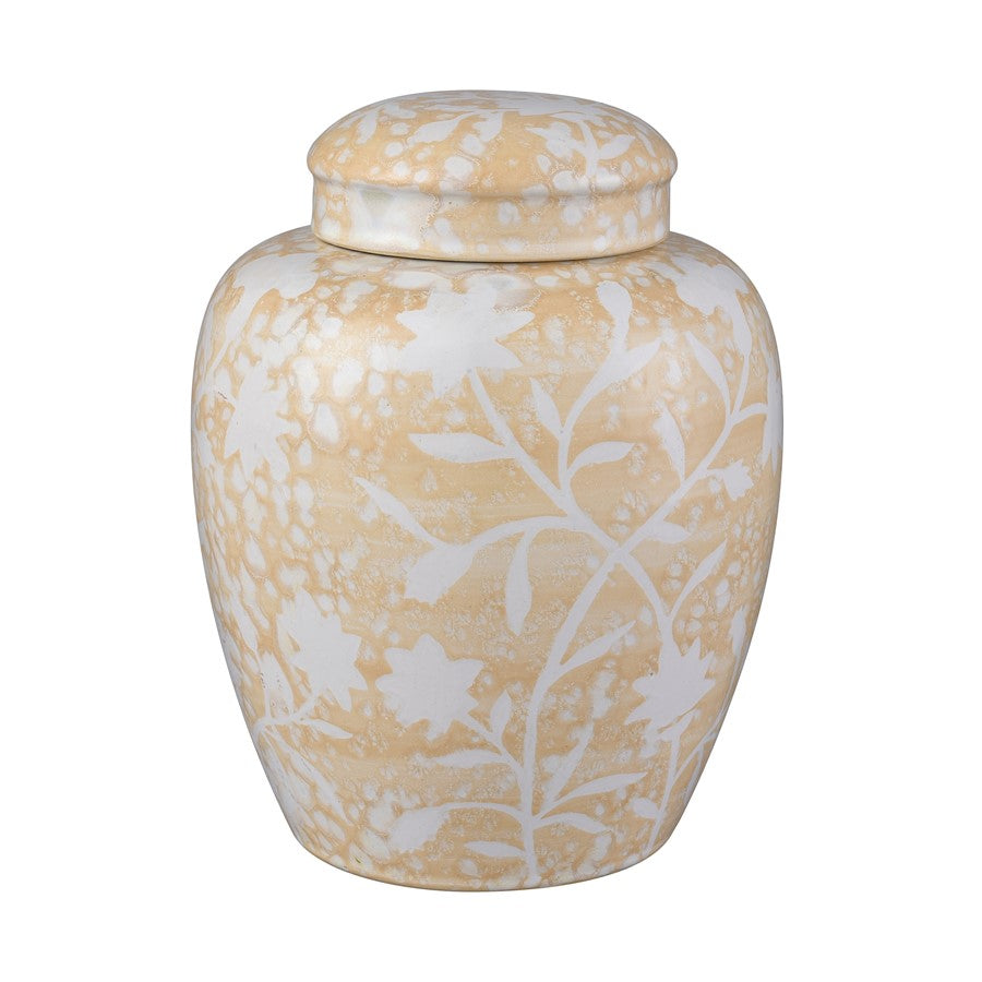 Atlas Lighting Yvonne 6in Round Ceramic Jar Set of 2 | Cream Glazed Earthenware with White Floral | Kitchen Counter & Shelf Decor | Model AC11693-01S