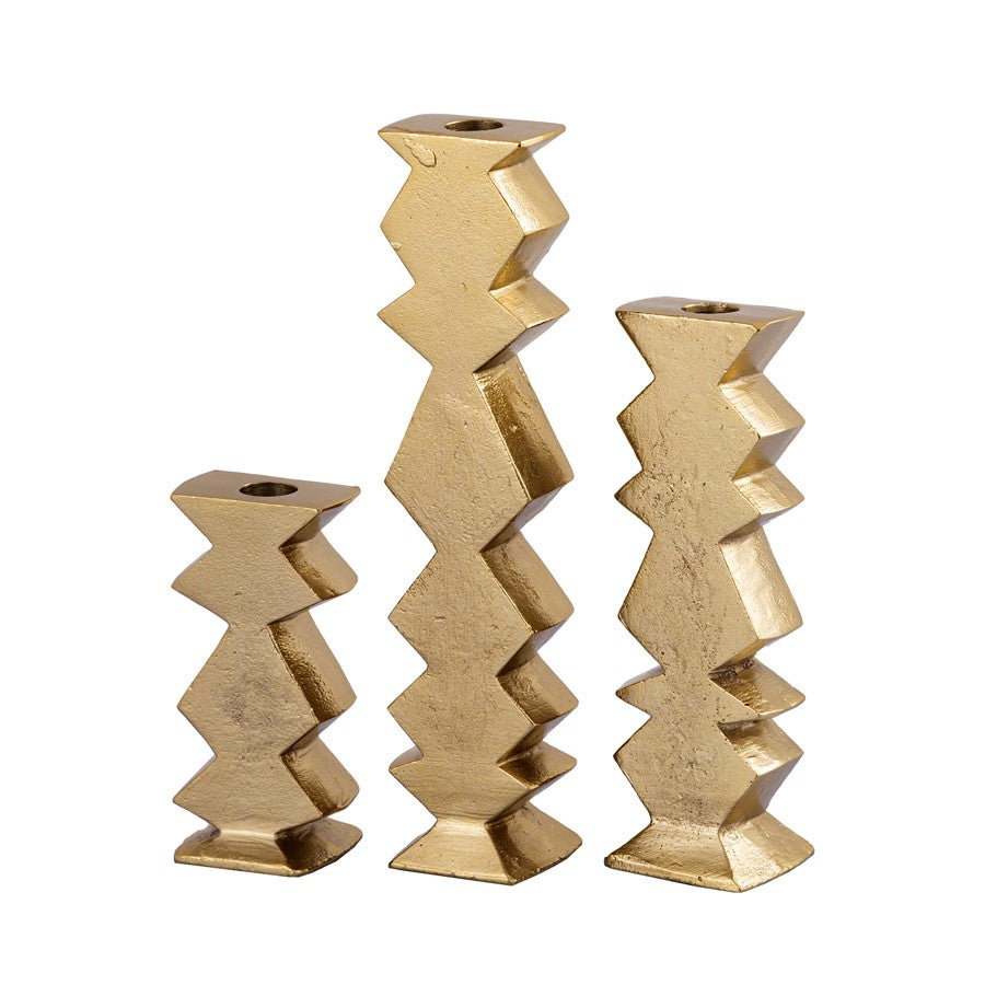 Atlas Lighting Zig Zag 12in Taper Candle Holder Set of 3 | Aged Brass Metal | Dining Table & Mantel Decor | 2.5 x 1.5 x 12 in | Model AC11694-01S