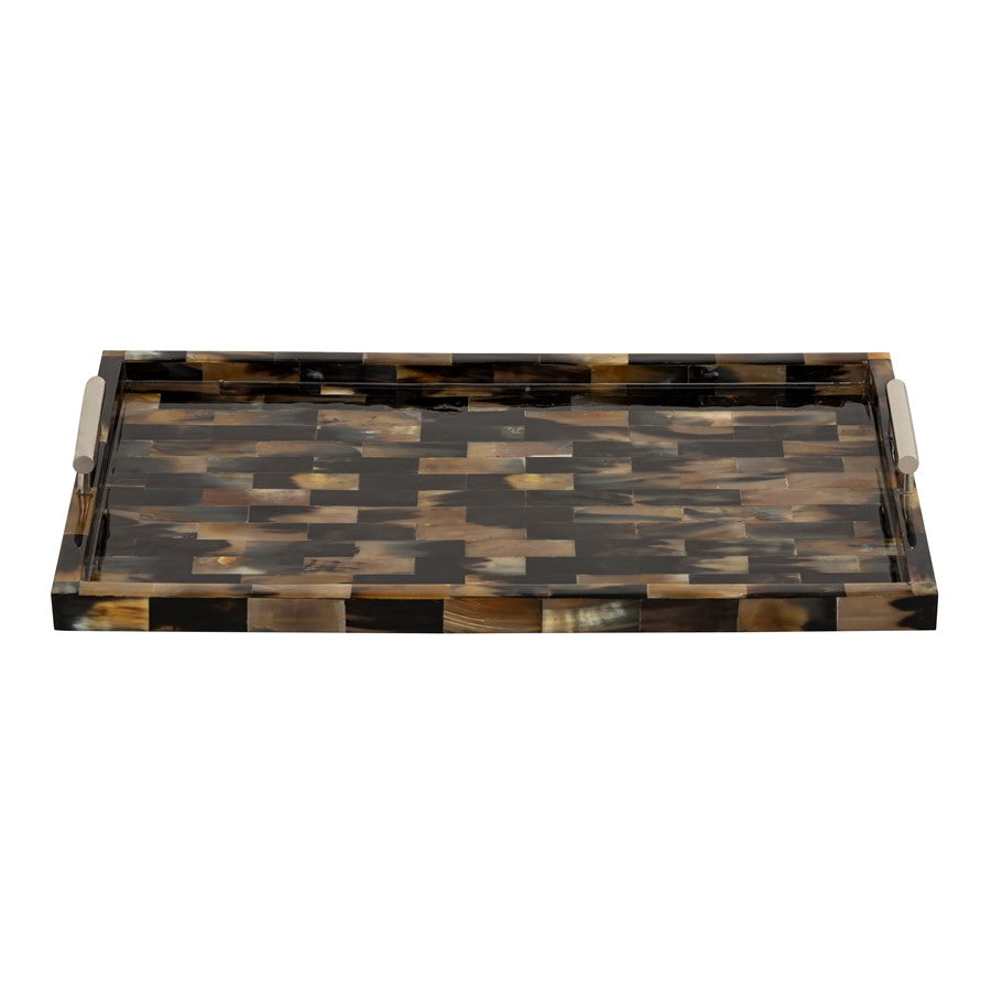 Atlas Lighting Great Horn 24in Rectangular Serving Tray | Brown Faux Horn Inlay with Stainless Steel Handles | Coffee Table | Model AC11695-01