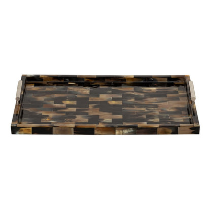 Atlas Lighting Great Horn 24in Rectangular Serving Tray | Brown Faux Horn Inlay with Stainless Steel Handles | Coffee Table | Model AC11695-01