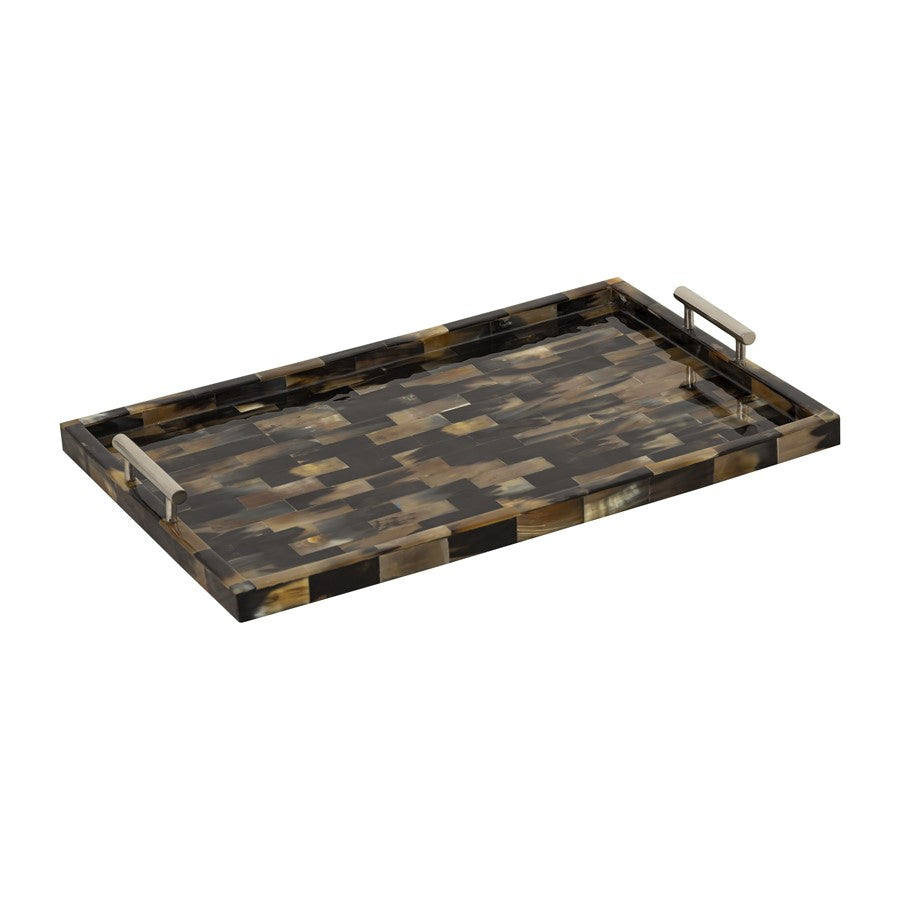 Atlas Lighting Great Horn 24in Rectangular Serving Tray | Brown Faux Horn Inlay with Stainless Steel Handles | Coffee Table | Model AC11695-01