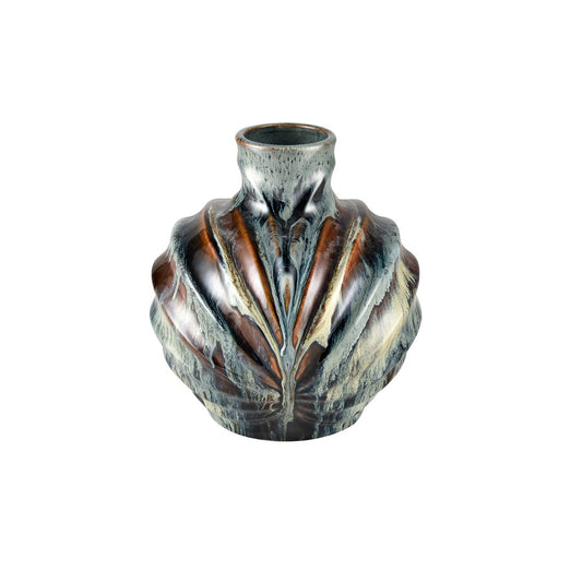 Atlas Lighting Kelly 11in Blue Reactive Earthenware Vase | Transitional Ridged Texture | Side Table & Console Accent | Model AC11705-01