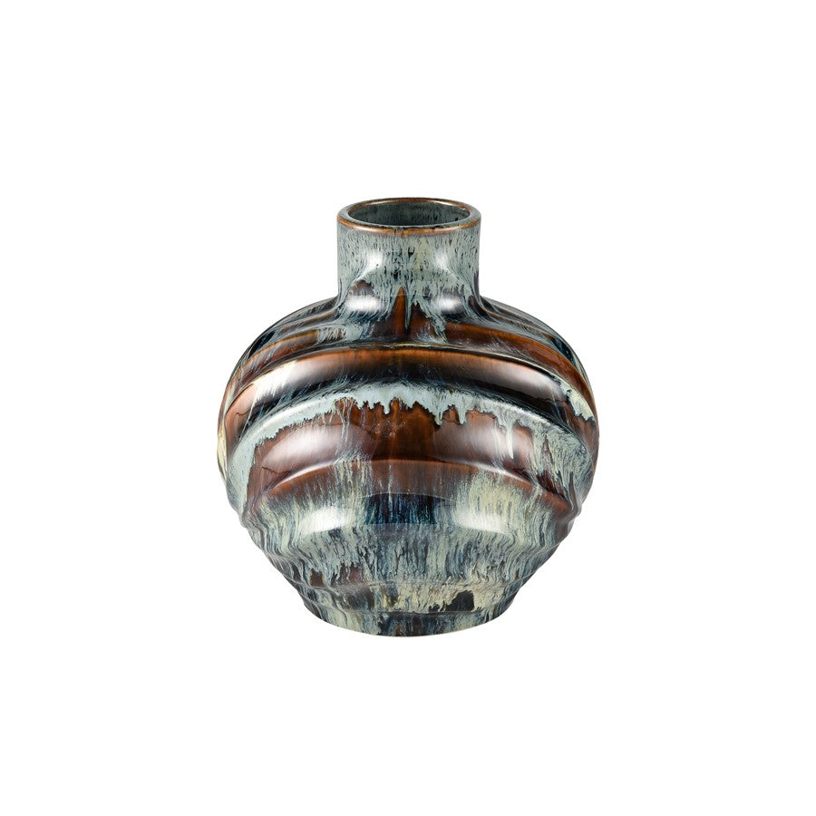 Atlas Lighting Kelly 11in Blue Reactive Earthenware Vase | Transitional Ridged Texture | Side Table & Console Accent | Model AC11705-01