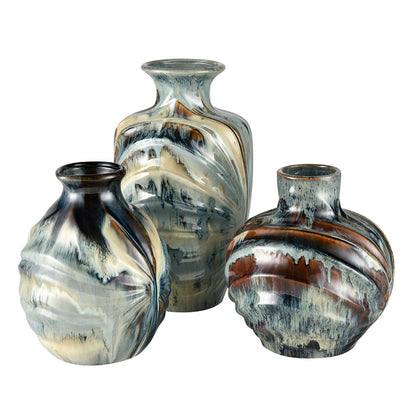 Atlas Lighting Kelly 11in Blue Reactive Earthenware Vase | Transitional Ridged Texture | Side Table & Console Accent | Model AC11705-01