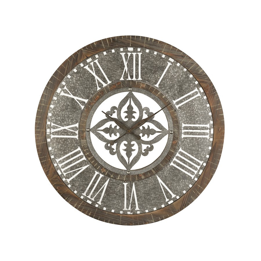 Atlas Lighting Greystone 36in Round Wall Clock | Galvanized Metal and Wood | Entryway & Living Room | 36 x 36 x 1 in | Model CK11004-01