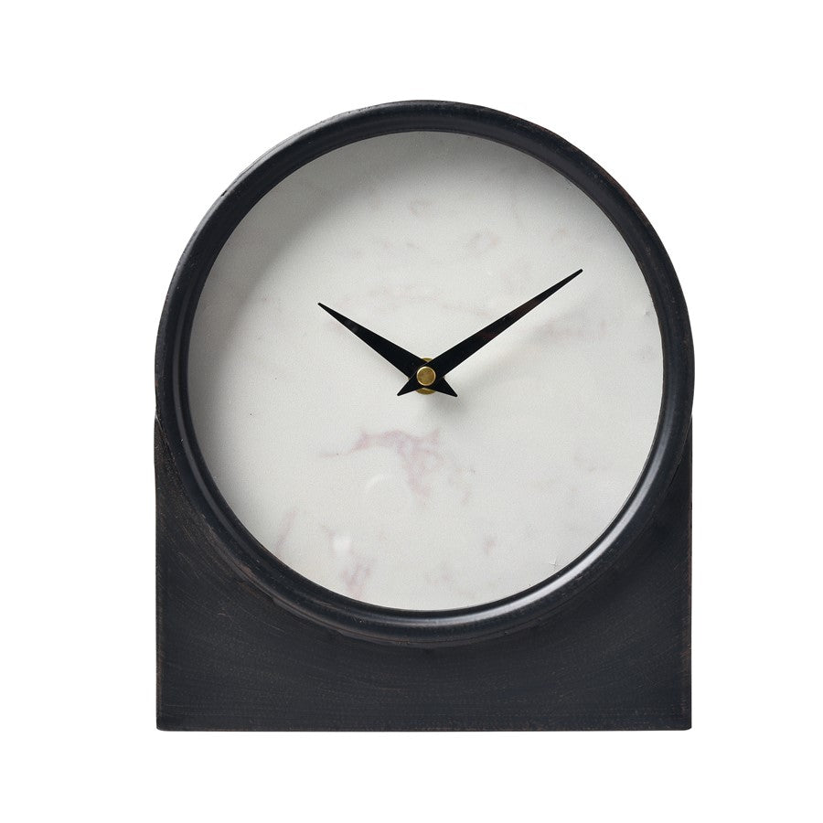 Atlas Lighting Jonah 9in Table Clock | Black Metal and White Marble-Style | Living Room & Office | 7.75 x 2.25 x 9 in | Model CK11007-01