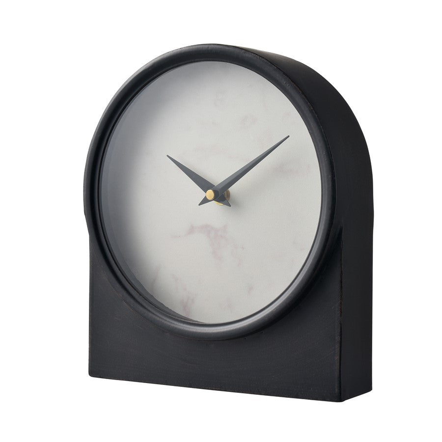 Atlas Lighting Jonah 9in Table Clock | Black Metal and White Marble-Style | Living Room & Office | 7.75 x 2.25 x 9 in | Model CK11007-01