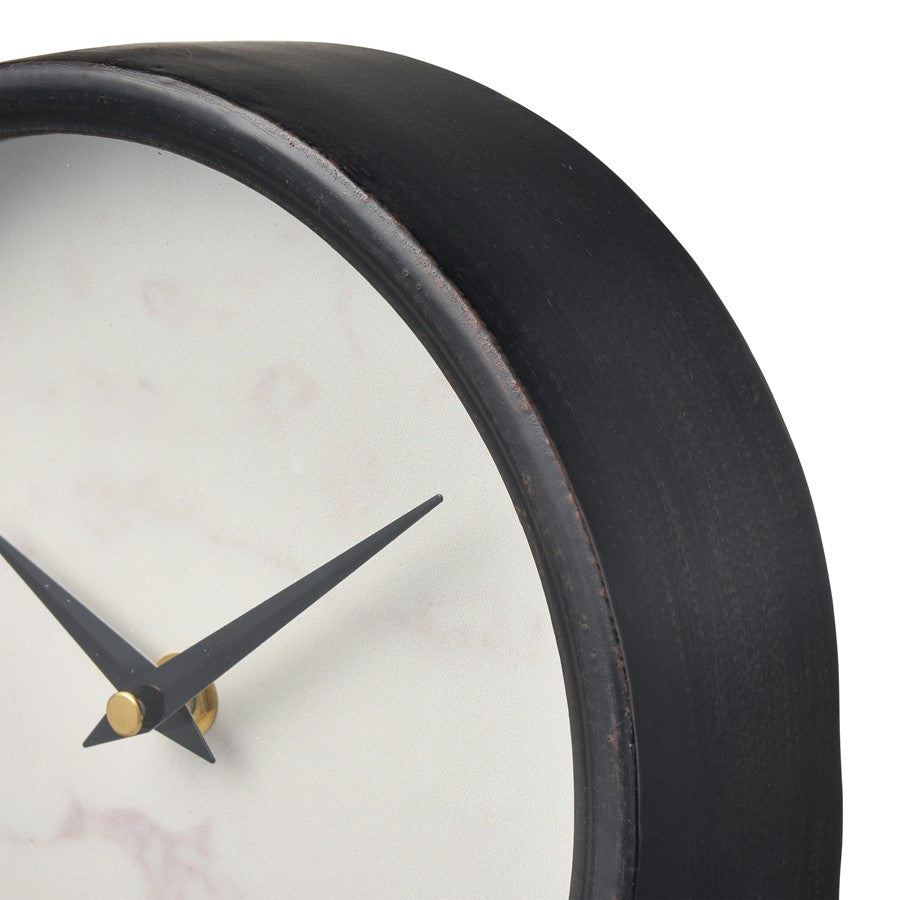Atlas Lighting Jonah 9in Table Clock | Black Metal and White Marble-Style | Living Room & Office | 7.75 x 2.25 x 9 in | Model CK11007-01