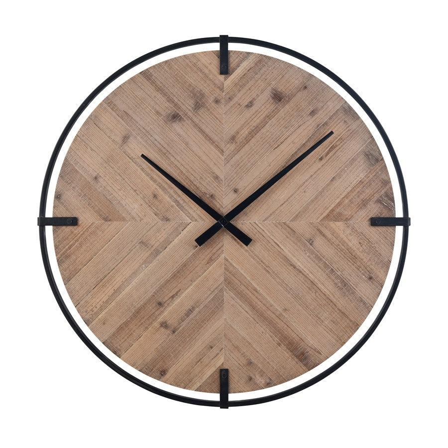 Atlas Lighting Schiller 33in Round Wall Clock | Light Oak and Black Wood Metal | Kitchen & Living Room | 33 x 33 x 1.75 in | Model CK11012-01
