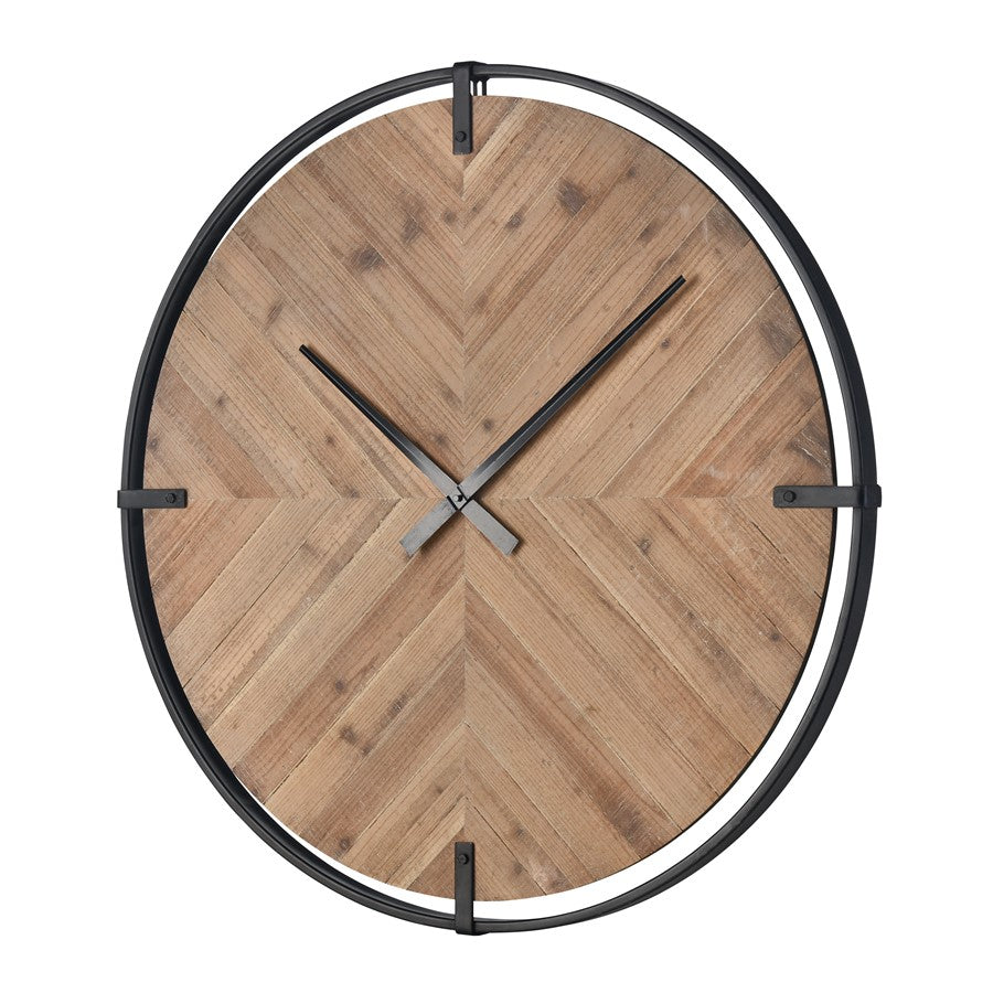 Atlas Lighting Schiller 33in Round Wall Clock | Light Oak and Black Wood Metal | Kitchen & Living Room | 33 x 33 x 1.75 in | Model CK11012-01