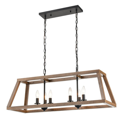 Atlas Barrow 36in 6-Light Linear Chandelier | Transitional Birchwood and Matte Black Metal | Kitchen Island & Dining Room | Model CL11005-NA