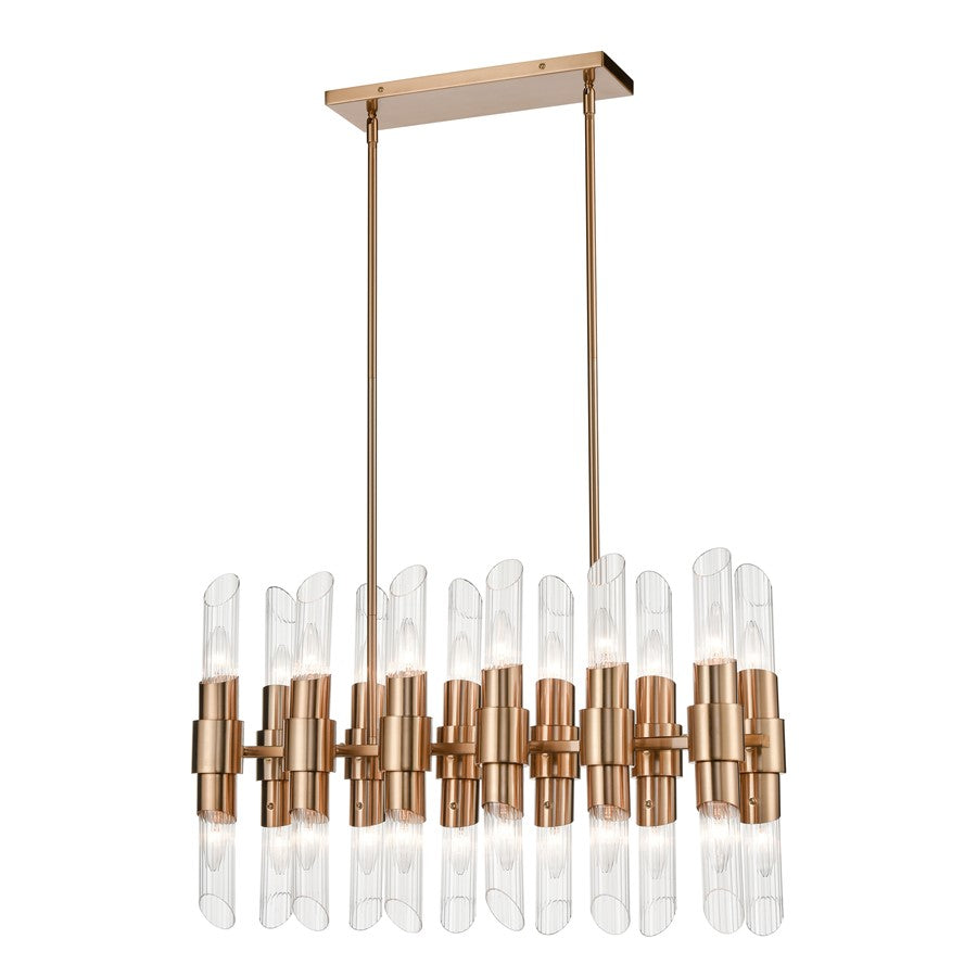 Atlas Carisbrooke 28in 24-Light Linear Chandelier | Modern Burnished Brass and Clear Ribbed Glass | Kitchen Island & Dining Room | Model CL11007-BS