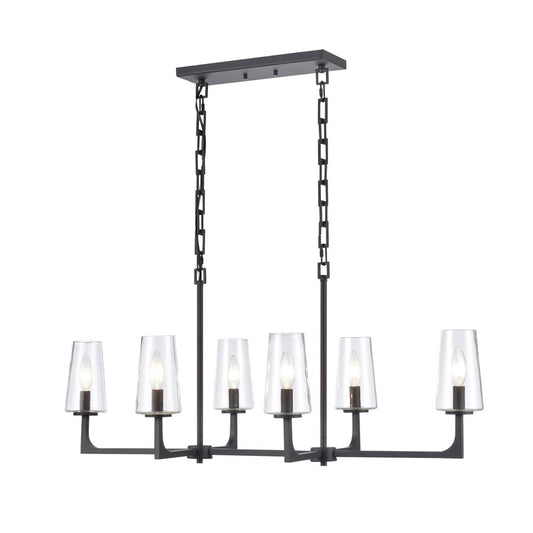 Atlas Lighting Fitzroy 36in 6-Light Linear Chandelier | Transitional Matte Black and Clear Glass | Kitchen Island & Dining Room | Model CL11017-BK