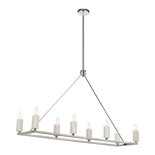 Atlas Lighting White Stone 48in 8-Light Linear Chandelier | Polished Nickel and Sunbleached Oak | Kitchen Island & Dining Room | Model CL11038-NK