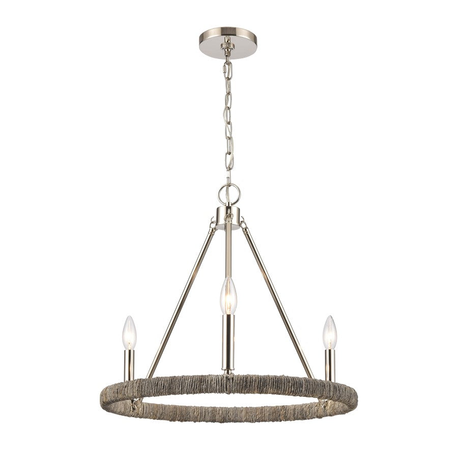 Atlas Lighting Abaca 20in 3-Light Chandelier | Transitional Polished Nickel and Gray Rope | Dining Room & Living Room | Model CL11043-NK