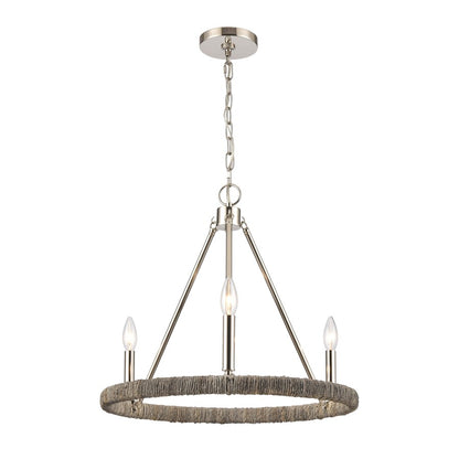 Atlas Lighting Abaca 20in 3-Light Chandelier | Transitional Polished Nickel and Gray Rope | Dining Room & Living Room | Model CL11043-NK