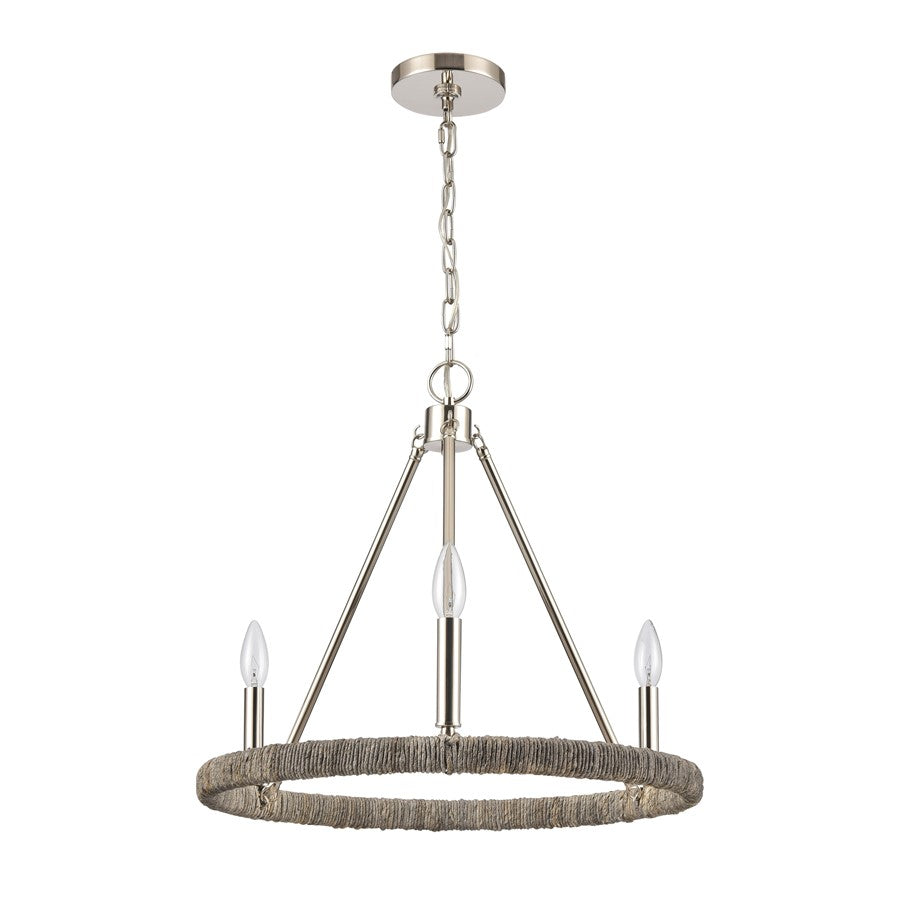 Atlas Lighting Abaca 20in 3-Light Chandelier | Transitional Polished Nickel and Gray Rope | Dining Room & Living Room | Model CL11043-NK