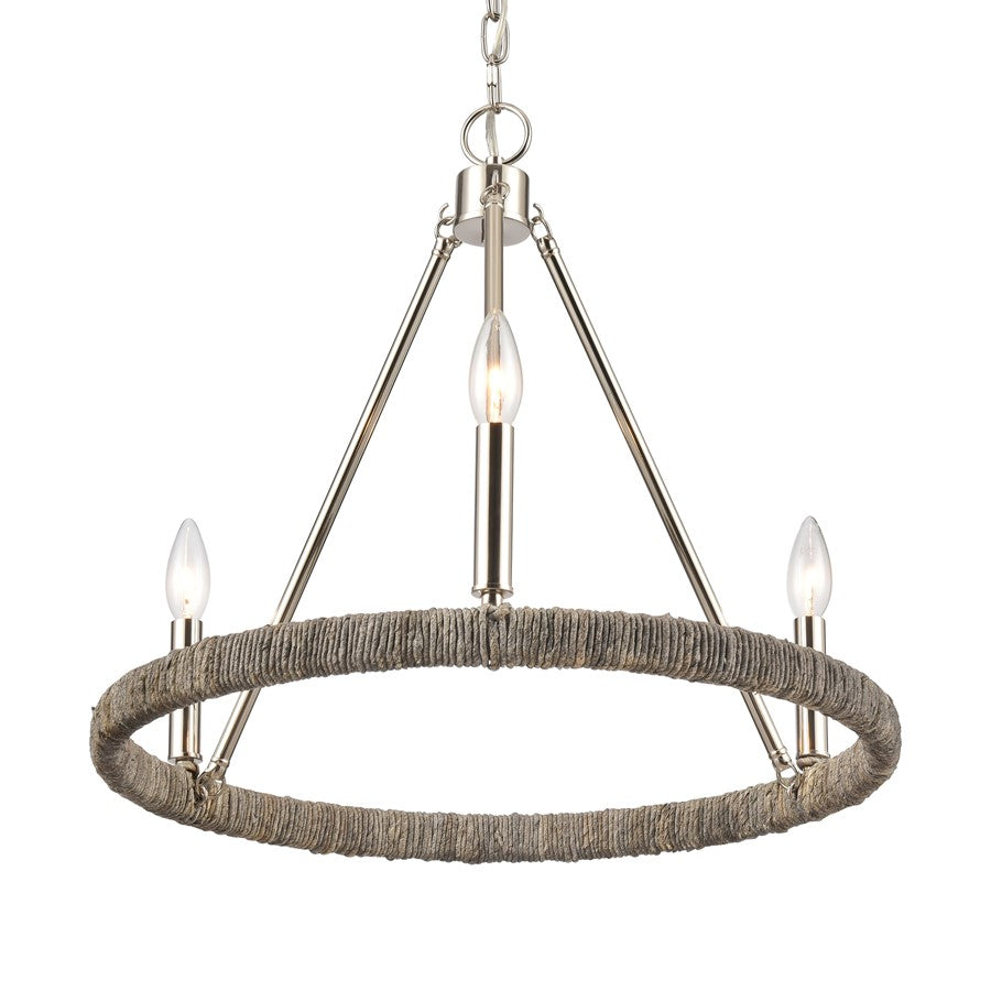 Atlas Lighting Abaca 20in 3-Light Chandelier | Transitional Polished Nickel and Gray Rope | Dining Room & Living Room | Model CL11043-NK
