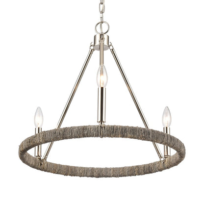 Atlas Lighting Abaca 20in 3-Light Chandelier | Transitional Polished Nickel and Gray Rope | Dining Room & Living Room | Model CL11043-NK