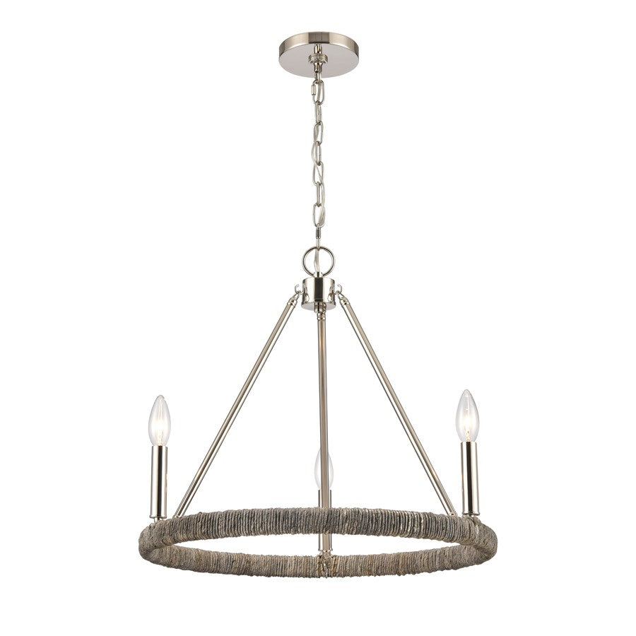 Atlas Lighting Abaca 20in 3-Light Chandelier | Transitional Polished Nickel and Gray Rope | Dining Room & Living Room | Model CL11043-NK