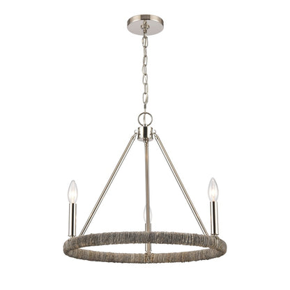 Atlas Lighting Abaca 20in 3-Light Chandelier | Transitional Polished Nickel and Gray Rope | Dining Room & Living Room | Model CL11043-NK
