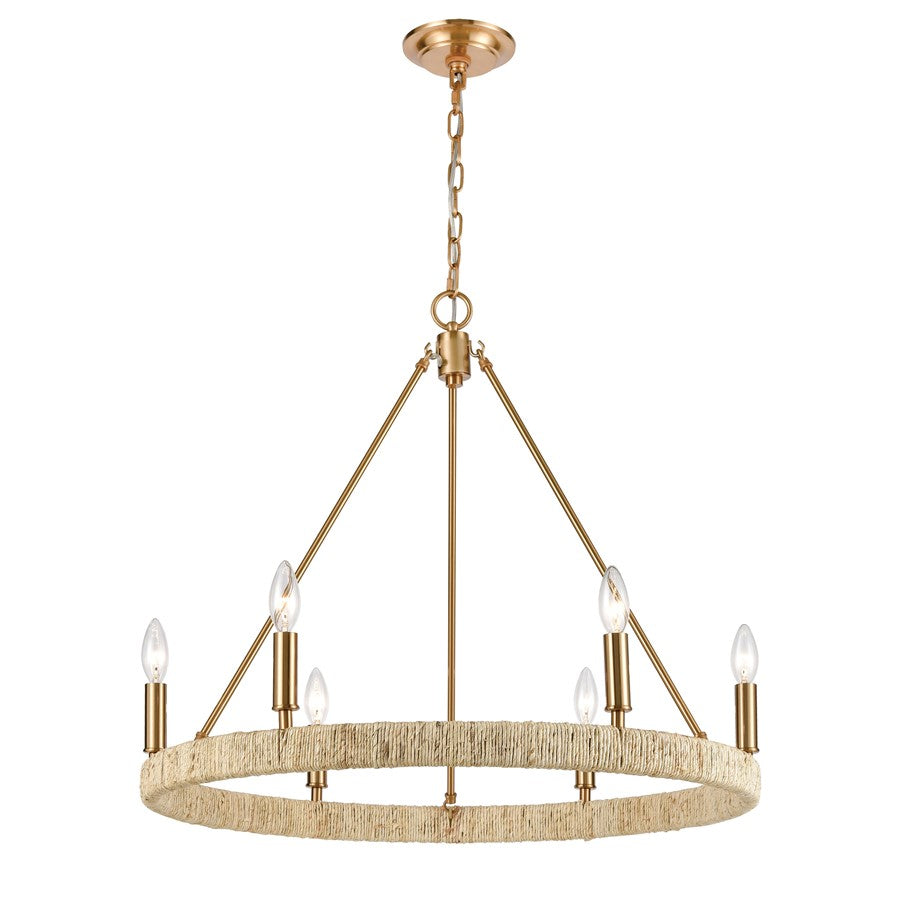 Atlas Lighting Abaca 27in 6-Light Chandelier | Transitional Satin Brass and Natural Abaca Rope | Dining Room & Living Room | Model CL11046-BS