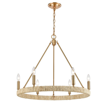 Atlas Lighting Abaca 27in 6-Light Chandelier | Transitional Satin Brass and Natural Abaca Rope | Dining Room & Living Room | Model CL11046-BS