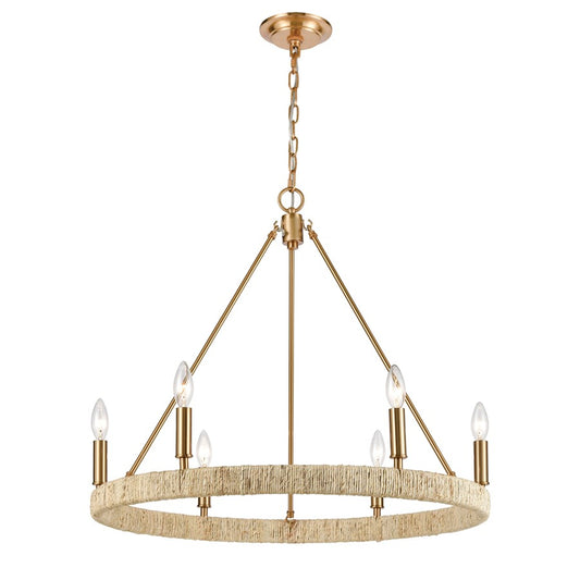 Atlas Lighting Abaca 27in 6-Light Chandelier | Transitional Satin Brass and Natural Abaca Rope | Dining Room & Living Room | Model CL11046-BS