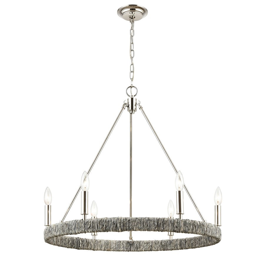 Atlas Lighting Abaca 27in 6-Light Chandelier | Transitional Polished Nickel and Natural Abaca Rope | Dining Room & Living Room | Model CL11046-NK