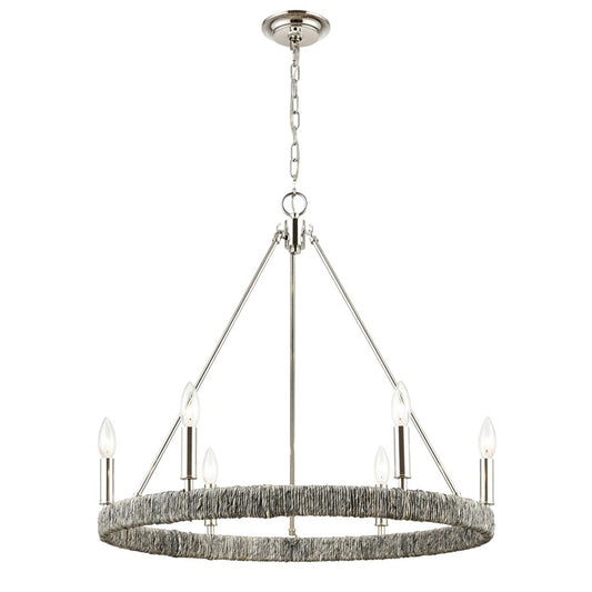 Atlas Lighting Abaca 27in 6-Light Chandelier | Transitional Polished Nickel and Natural Abaca Rope | Dining Room & Living Room | Model CL11046-NK