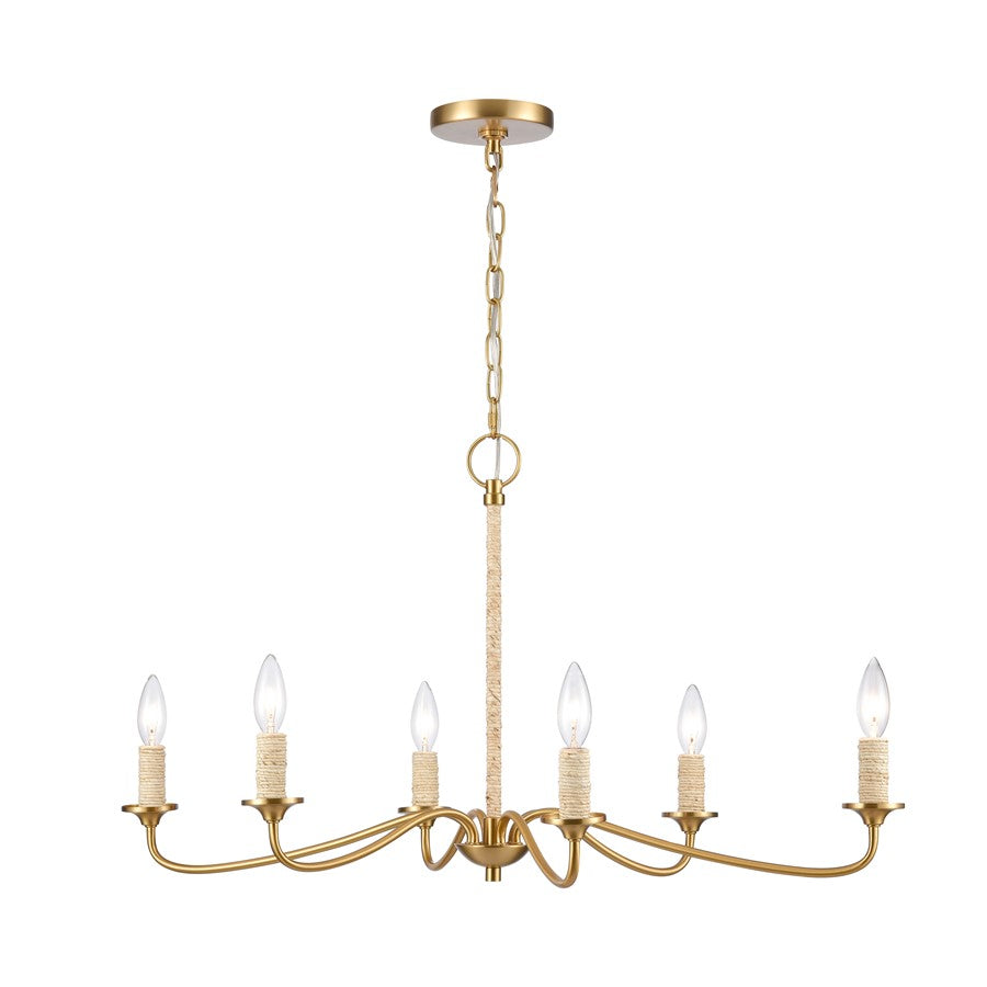 Atlas Lighting Abaca 32in 6-Light Chandelier | Transitional Satin Brass and Natural Abaca Rope | Dining Room & Living Room | Model CL11047-BS