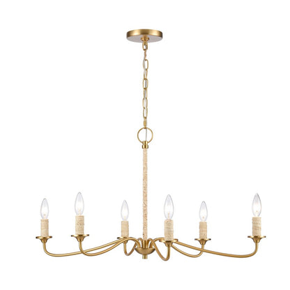 Atlas Lighting Abaca 32in 6-Light Chandelier | Transitional Satin Brass and Natural Abaca Rope | Dining Room & Living Room | Model CL11047-BS