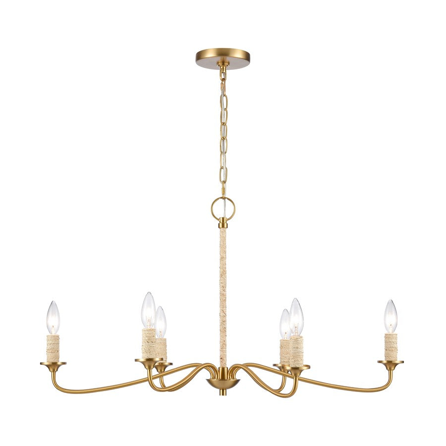 Atlas Lighting Abaca 32in 6-Light Chandelier | Transitional Satin Brass and Natural Abaca Rope | Dining Room & Living Room | Model CL11047-BS