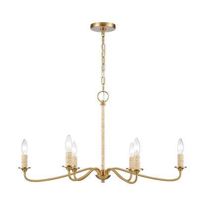Atlas Lighting Abaca 32in 6-Light Chandelier | Transitional Satin Brass and Natural Abaca Rope | Dining Room & Living Room | Model CL11047-BS