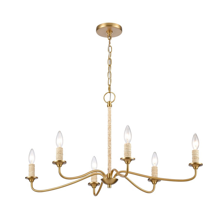 Atlas Lighting Abaca 32in 6-Light Chandelier | Transitional Satin Brass and Natural Abaca Rope | Dining Room & Living Room | Model CL11047-BS