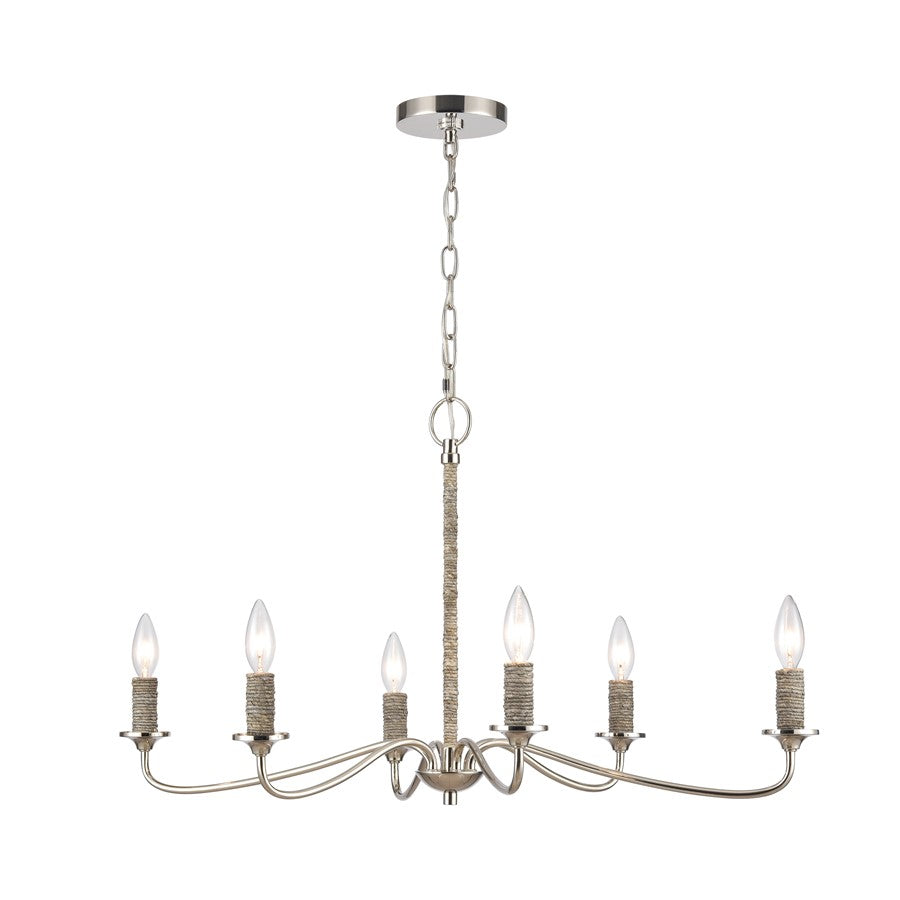 Atlas Lighting Abaca 32in 6-Light Chandelier | Transitional Polished Nickel and Natural Abaca Rope | Dining Room & Living Room | Model CL11047-NK