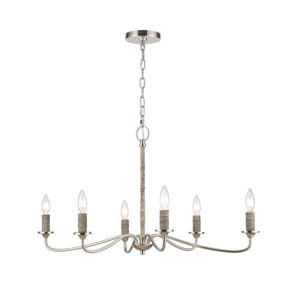 Atlas Lighting Abaca 32in 6-Light Chandelier | Transitional Polished Nickel and Natural Abaca Rope | Dining Room & Living Room | Model CL11047-NK