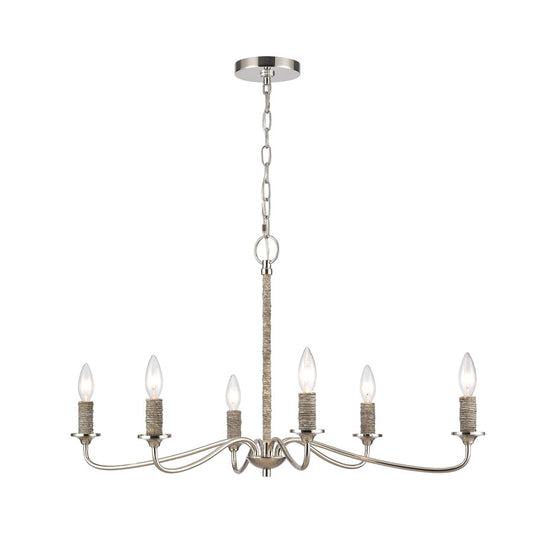 Atlas Lighting Abaca 32in 6-Light Chandelier | Transitional Polished Nickel and Natural Abaca Rope | Dining Room & Living Room | Model CL11047-NK