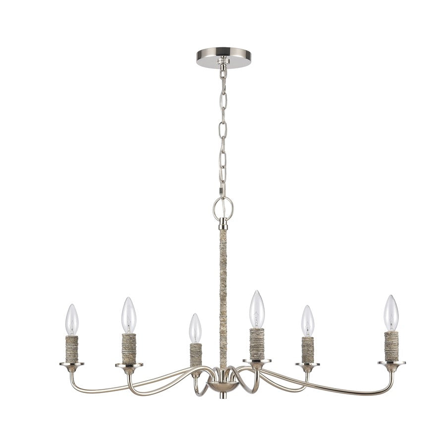 Atlas Lighting Abaca 32in 6-Light Chandelier | Transitional Polished Nickel and Natural Abaca Rope | Dining Room & Living Room | Model CL11047-NK