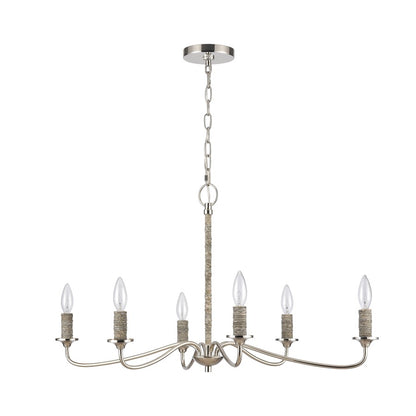 Atlas Lighting Abaca 32in 6-Light Chandelier | Transitional Polished Nickel and Natural Abaca Rope | Dining Room & Living Room | Model CL11047-NK
